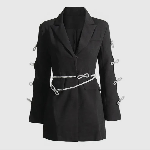 Chic Rhinestone Sleeve Blazer with Pearl Belt - Picture 3 of 8